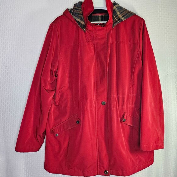 Nautica Red Hooded Jacket With Plaid Lining XL Water-Resistant ButtonZip Closure - Picture 1 of 7